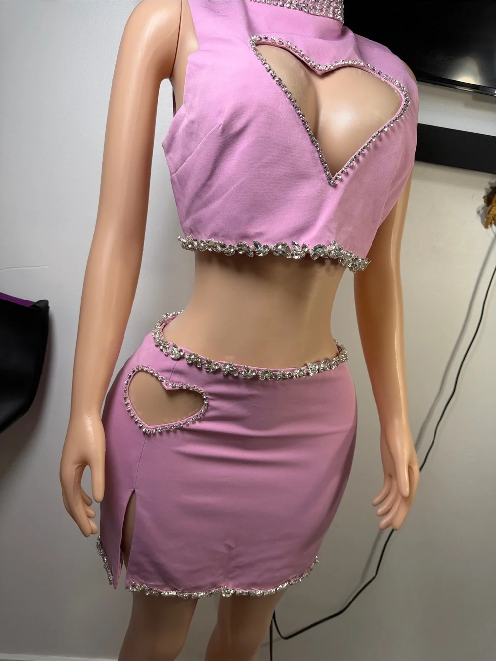 Pink Rhinestone Heart Cutout Crop Top & Skirt Set